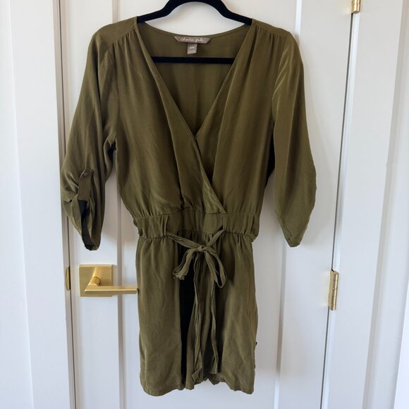 Olive Green Tie Waist Romper Silk - Picture 1 of 5